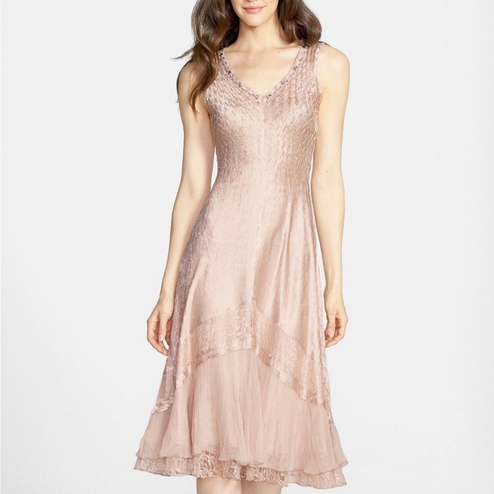 Komarov Dress Beaded Charmeuse Chiffon Tiered Lace V Neck Spring Summer Party